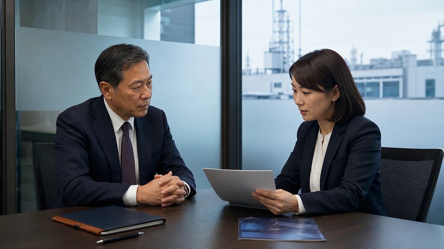 会社名を伏せた事業承継相談を行う半導体企業の経営者とM&A担当者(イメージ)