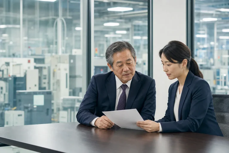 半導体工場を背景に事業承継について話す経営者とM&A担当者(イメージ)