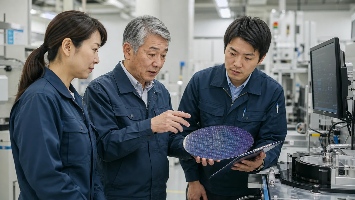 シリコンウエハーを確認しながら製造技術を承継する半導体技術者チーム(イメージ)