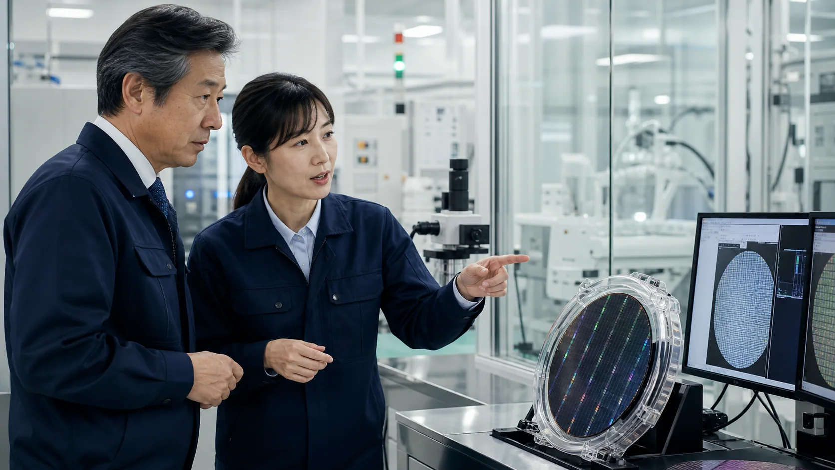 シリコンウエハーと品質データを確認する半導体工場の責任者と技術者(イメージ)